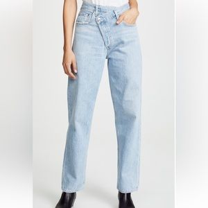 Agolde Criss Cross Frayed High Rise Light Wash Straight Leg Denim Jean Sz 28